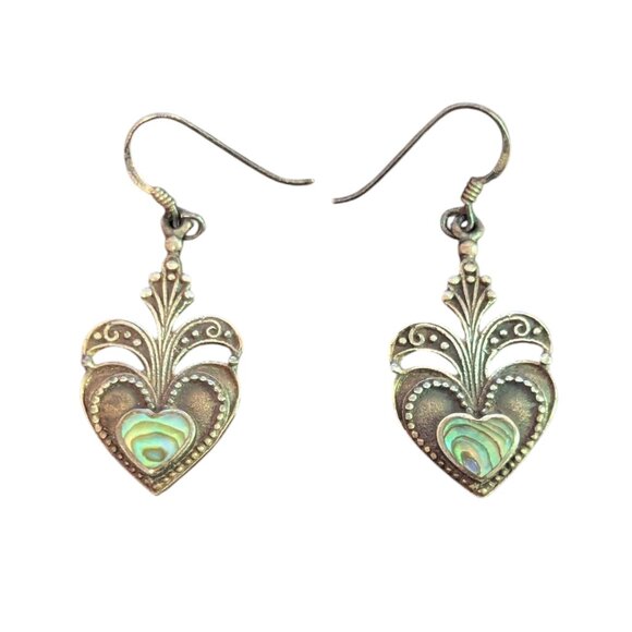 Heart Abalone Dangle Earrings Sterling Silver Boho Victorian Filigree Folk Art - Picture 2 of 6